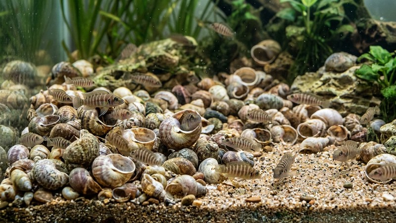 una colonia de varios cíclidos conchícolas diminutos repartidos sobre un extenso lecho de conchas y arena fina, formando un pequeño ecosistema en un acuario cristalino