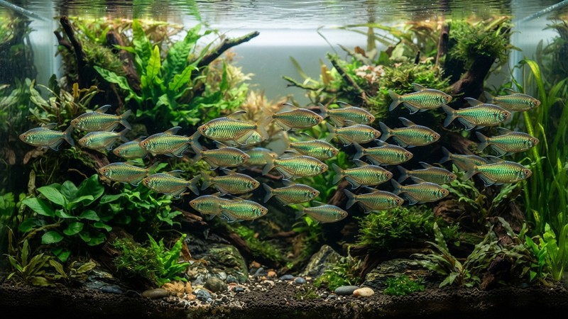 un cardumen de tetras congo nadando juntos a media agua en un acuario amplio y plantado, reflejos metálicos verdosos y dorados sobre las escamas, agua limpia y transparente