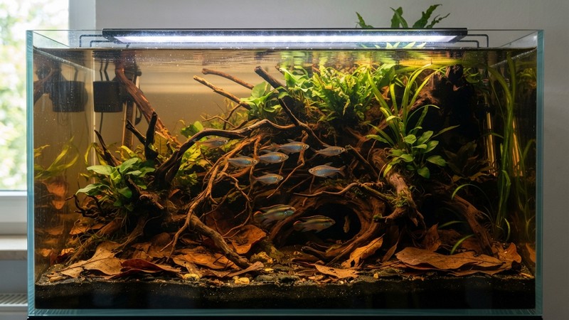 un acuario biotopo que recrea la cuenca del río Congo, con abundante madera, raíces sumergidas, fondo de arena oscura y plantas resistentes, ambiente tropical y agua ligeramente ambarina pero clara