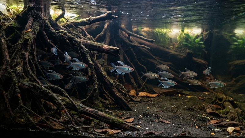 raíces de árbol sumergidas y troncos de madera en la orilla de un acuario oscuro, con varios tetras congo refugiándose entre ellas, zona de nado abierta en el centro