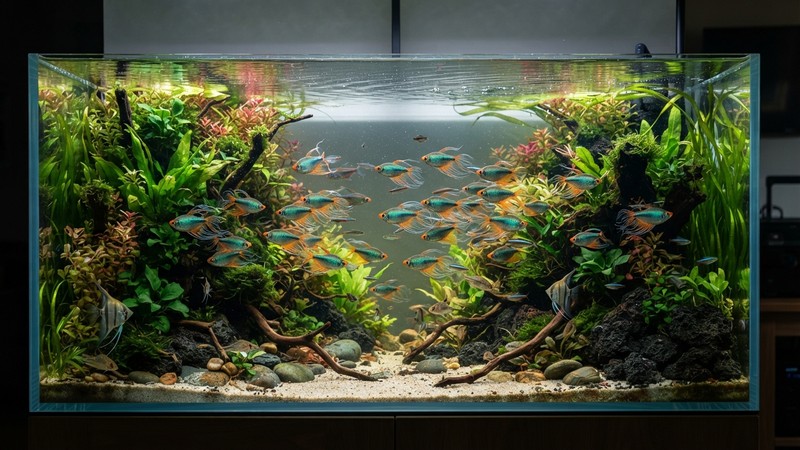 un acuario comunitario grande y espectacular con un cardumen de tetras congo dominando la franja media, plantas al fondo y laterales y una amplia zona central despejada