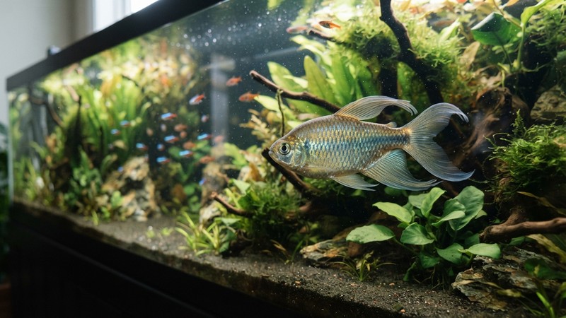un tetra congo adulto de tamaño mediano-grande nadando con soltura en un acuario largo y espacioso, mostrando la diferencia de talla frente a pequeños peces al fondo
