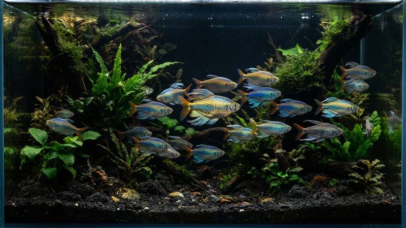 un acuario con sustrato y fondo oscuros donde los tetras congo brillan con máxima iridiscencia dorada y azulada bajo una iluminación de espectro completo, agua cristalina
