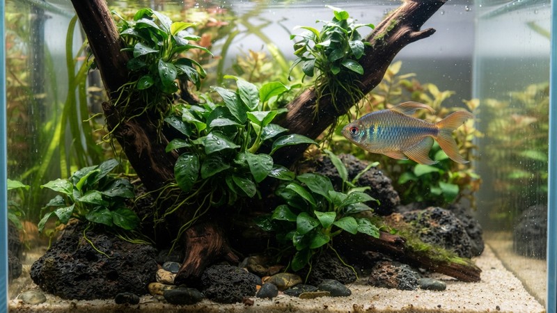 plantas anubias de hojas verdes y firmes atadas sobre madera y rocas dentro de un acuario limpio, con un tetra congo pasando cerca