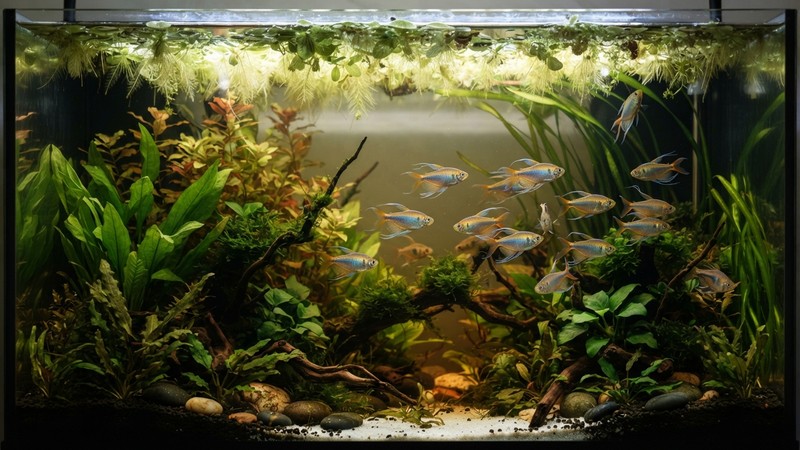 un acuario plantado de aguas blandas con vegetación flotante que tamiza la luz, ambiente tranquilo y tetras congo nadando relajados, agua transparente
