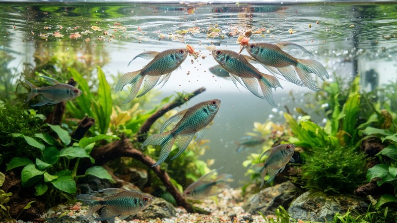 escamas de comida y pequeños gránulos flotando en la superficie de un acuario mientras varios tetras congo suben a comer a media agua y superficie, agua limpia