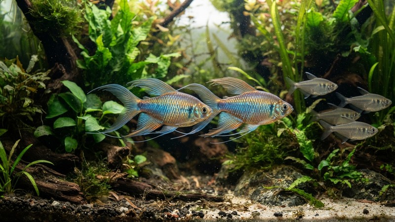 dos machos de tetra congo nadando en paralelo y desplegando sus aletas y filamentos caudales en exhibición, con hembras plateadas cerca en un acuario plantado