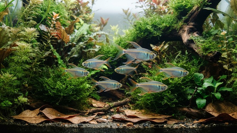 tetras congo jóvenes y sanos en un acuario densamente plantado con musgo y hojas finas, agua muy limpia y ambiente sereno de cría