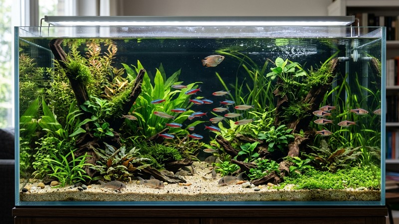 un acuario comunitario bien montado con varias especies pacíficas conviviendo tranquilas entre plantas y troncos, agua transparente
