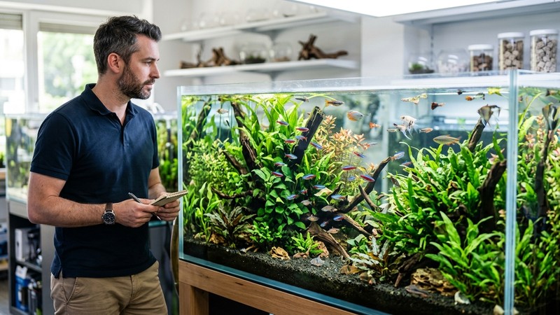 un acuarista observando con calma un acuario comunitario plantado lleno de peces de colores antes de decidir, agua clara