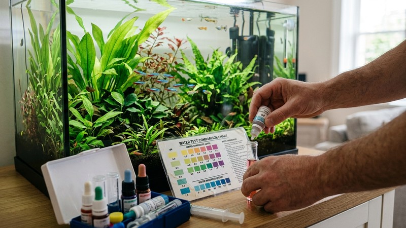unas manos midiendo el pH y la dureza del agua con un kit de test junto a un acuario comunitario plantado y sano