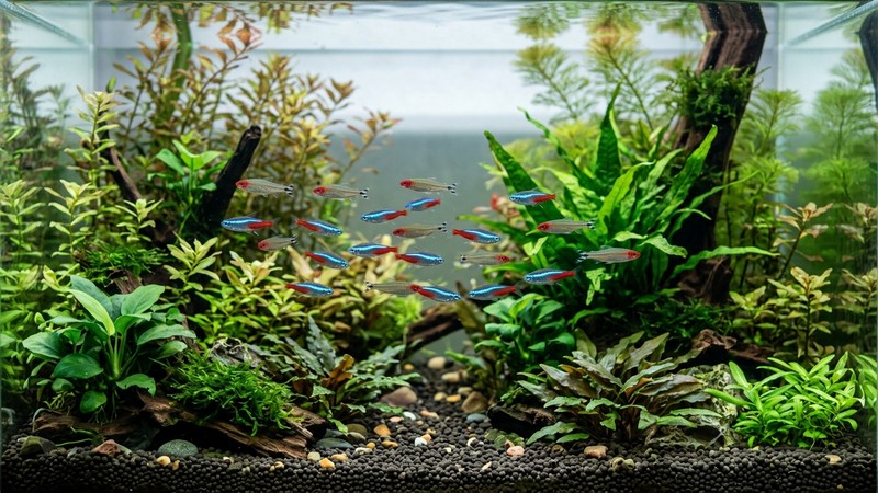 peces de talla parecida nadando juntos y en armonía en un acuario comunitario plantado con agua muy clara