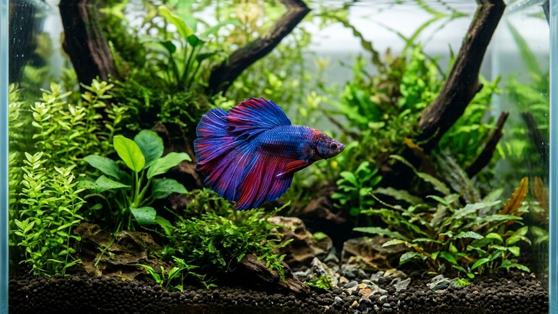un pez betta de aletas largas y coloridas nadando solo y tranquilo en un acuario plantado con agua cristalina