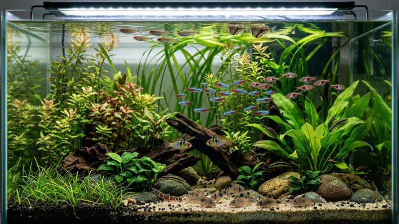 un acuario comunitario alto y bien repartido con peces nadando en la superficie, la zona media y el fondo entre plantas