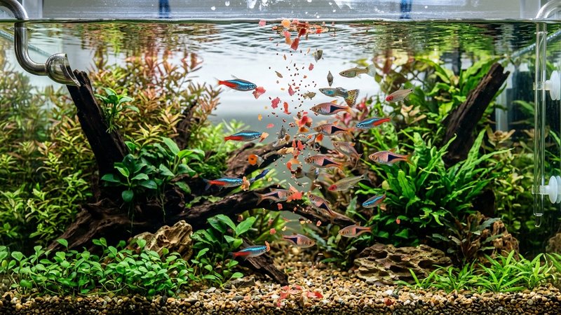 peces comunitarios alimentándose de escamas y pastillas en un acuario plantado y limpio de agua transparente