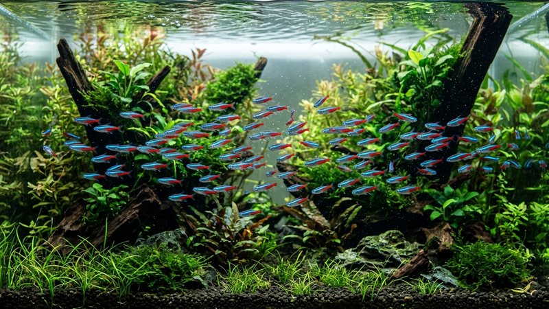un numeroso cardumen de pequeños tetras de colores nadando en grupo por la zona media de un acuario plantado
