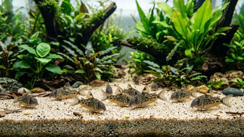 un grupo de corydoras buscando comida en el fondo de arena de un acuario comunitario plantado y sano