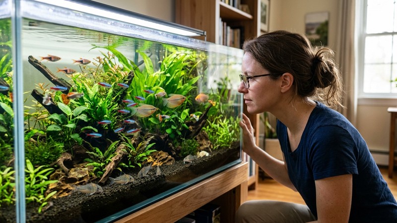 un acuarista observando de cerca su acuario comunitario plantado con varias especies de peces nadando sanas y tranquilas