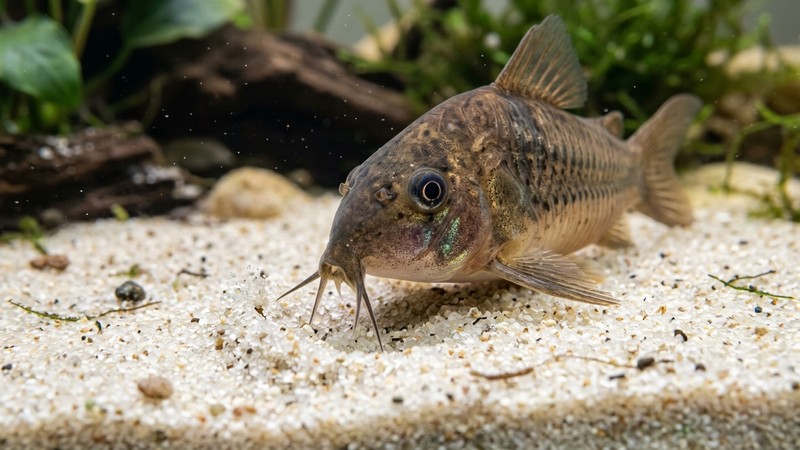 un primer plano de una corydora bronce sobre un fondo de arena fina y clara, con sus barbillones bien visibles buscando alimento