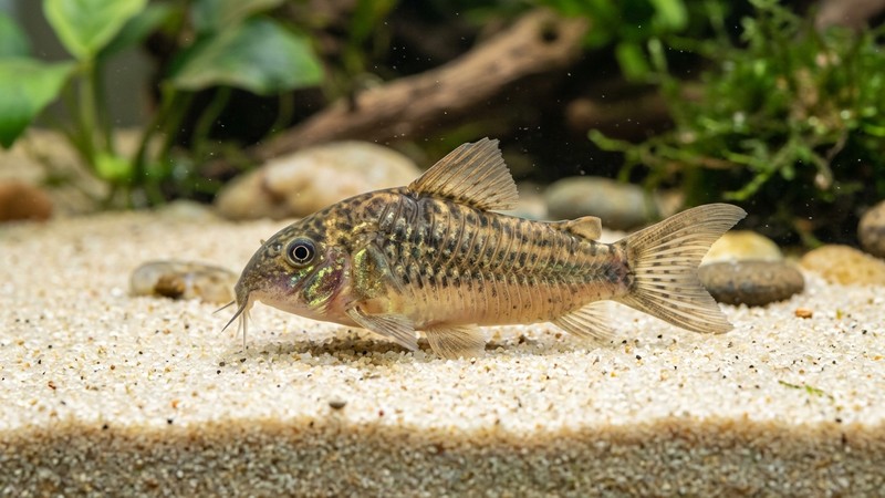 una corydora vista de lado mostrando las dos hileras de placas óseas que recubren su cuerpo, sobre arena clara