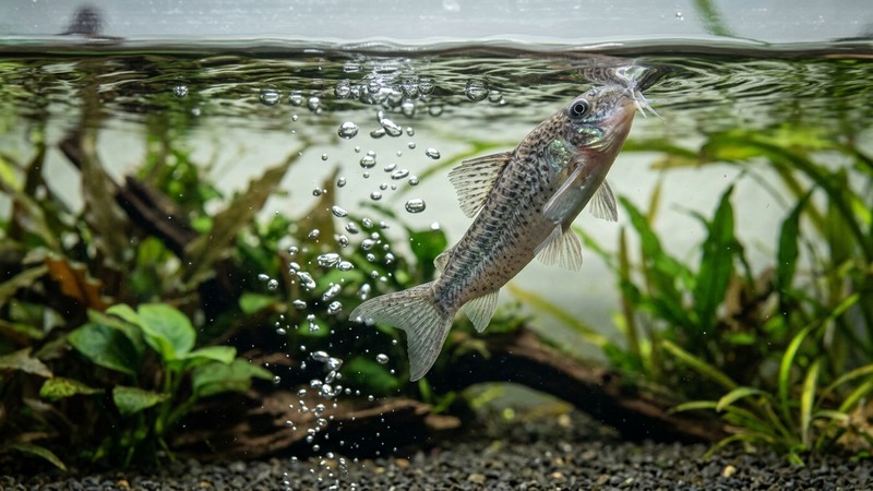 una corydora subiendo hacia la superficie del acuario a tomar una bocanada de aire, dejando pequeñas burbujas