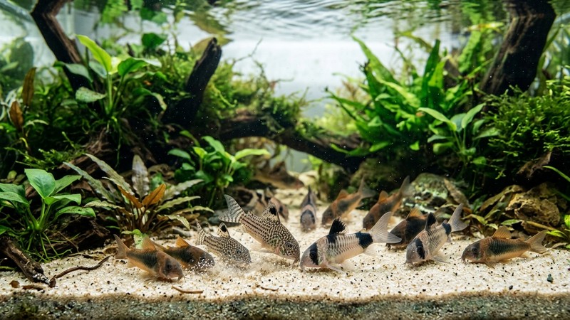 un grupo de corydoras hurgando en el fondo de arena de un acuario plantado, muy activas