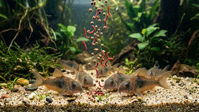 pastillas de fondo y larva roja congelada cayendo sobre la arena de un acuario cerca de varias corydoras