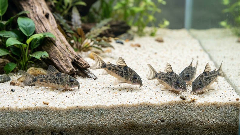 un fondo de arena fina, suave y de grano redondeado en un acuario cristalino con corydoras encima