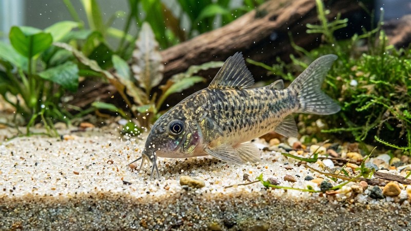 una corydora con los barbillones sanos e intactos hincando el hocico en la arena clara del fondo