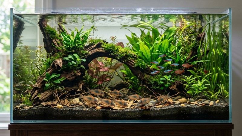 un acuario amazónico plantado de agua cristalina con maderas y corydoras en el fondo