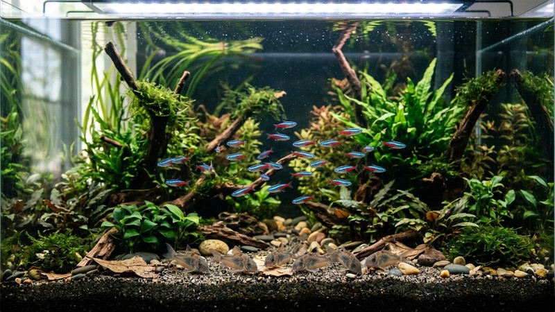 un acuario comunitario tranquilo con tetras nadando a media agua y corydoras hurgando en el fondo
