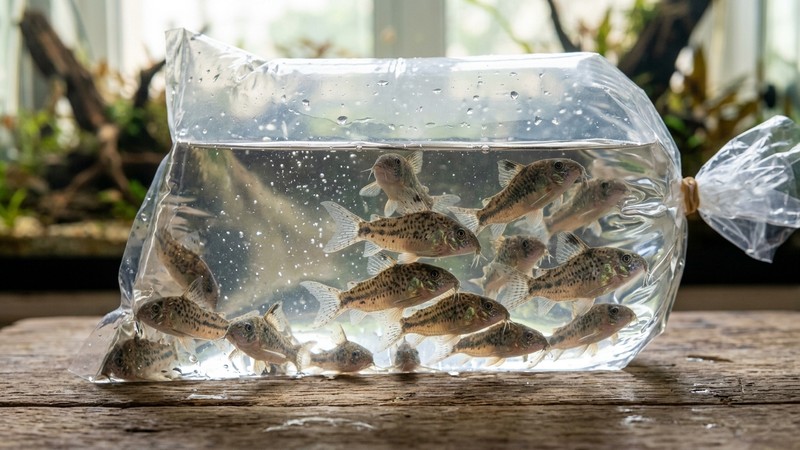 un grupo de corydoras sanas y vigorosas en una bolsa de transporte holgada con agua limpia