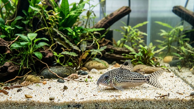una corydora julii de librea moteada gris y negra sobre arena clara en un acuario plantado