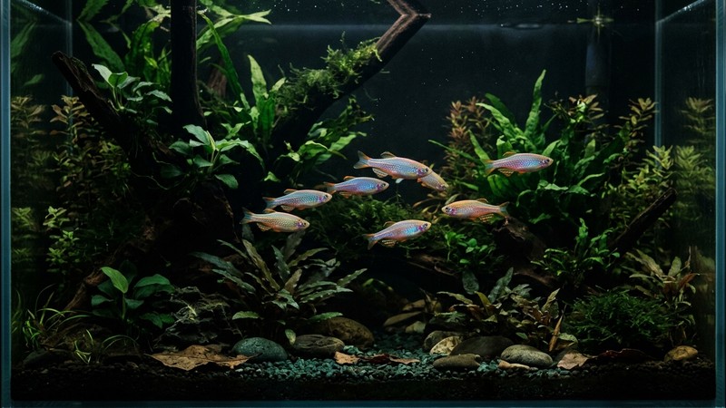 un acuario plantado con luz tenue donde varios danio perla resaltan con sus colores encendidos entre las plantas, el pez parece brillar desde dentro por el contraste con el fondo oscuro