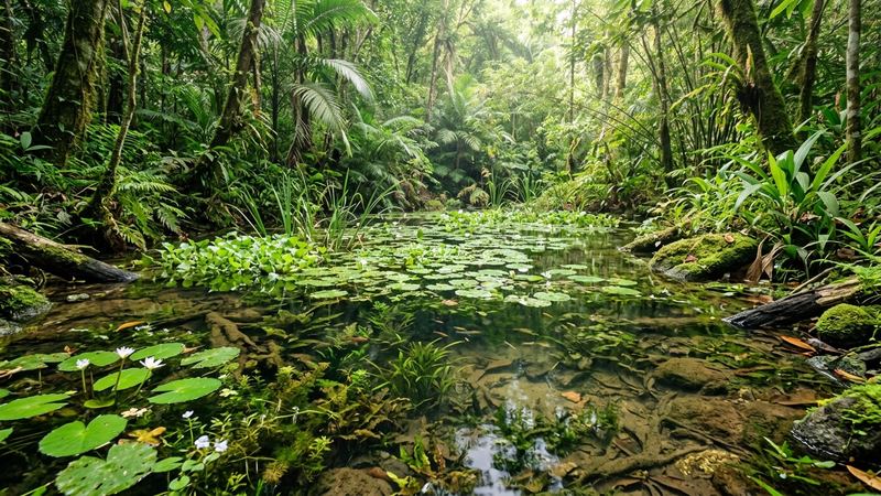 una charca somera de aguas tranquilas y muy vegetadas al estilo de un biotopo del sudeste asiático, agua clara y poco profunda con abundante vegetación acuática y luz suave filtrándose