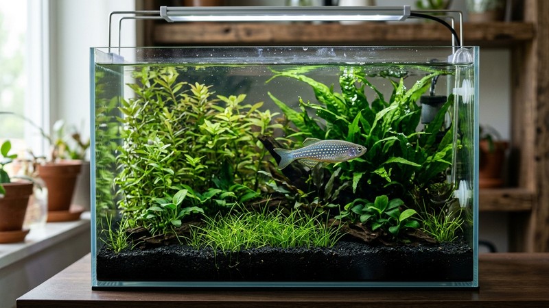 un nano-acuario con sustrato de arena fina y oscura, plantas verdes densas y un pequeño danio perla cuyos puntos dorados destacan sobre el fondo oscuro