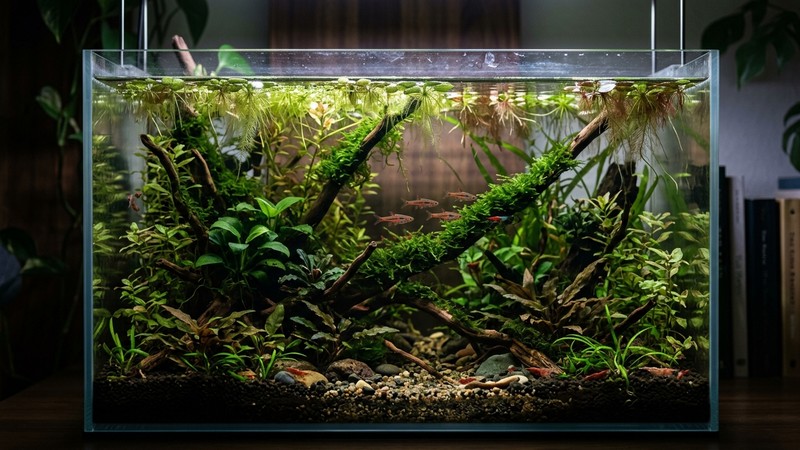 un nano-acuario plantado iluminado por una luz suave filtrada por plantas flotantes en la superficie, ambiente tranquilo y penumbroso, agua cristalina