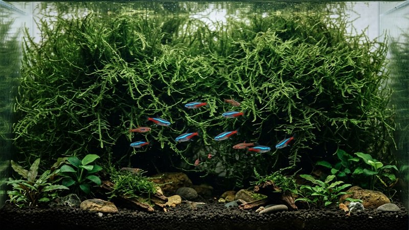una mata densa de musgo verde de Java cubriendo el fondo de un nano-acuario plantado, agua limpia y transparente, con pequeños peces coloridos explorando entre las hebras