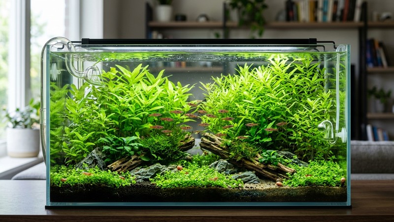un nano-acuario de agua fresca y cristalina bien plantado con plantas de tallo verdes y brillantes, ambiente limpio y sano, sin peces grandes