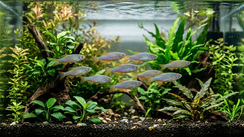 un pequeño cardumen de ocho o diez danio perla nadando juntos en la zona abierta de un acuario plantado, todos con sus puntos dorados y aletas naranjas visibles