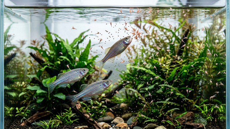 diminutas partículas de alimento micro y pequeños nauplios de artemia flotando en el agua cristalina de un nano-acuario mientras los danio perla suben a alimentarse cerca de la superficie
