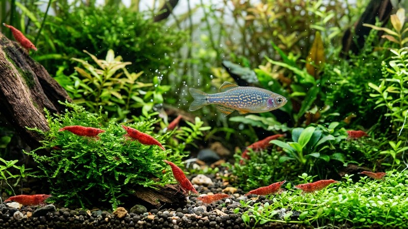 un danio perla y varios camarones neocaridina de color rojo conviviendo pacíficamente en un acuario plantado con musgo, agua cristalina y colores vivos y realistas
