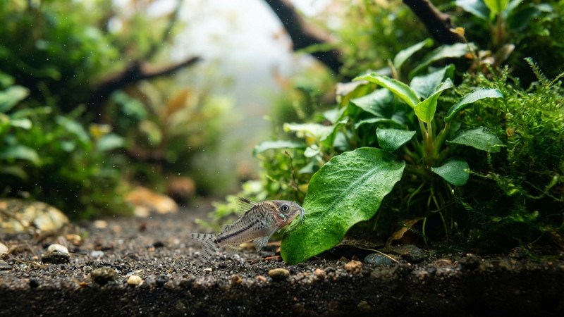 una sola corydora pigmea diminuta en primer plano junto a una hoja verde, mostrando su tamaño minúsculo comparado con la vegetación, acuario limpio y agua cristalina