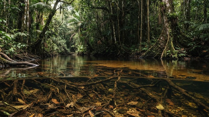 un tramo de río amazónico tranquilo y sombreado con raíces sumergidas, hojarasca en el fondo y agua templada y clara, ambiente de selva sudamericana