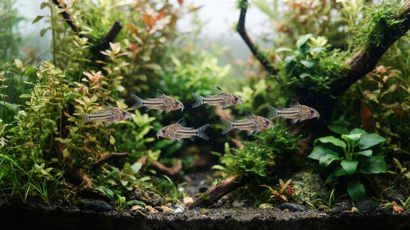 varias corydoras pigmeas suspendidas entre las plantas a media altura del acuario, avanzando en grupo y orientadas en la misma dirección, agua cristalina y luz suave