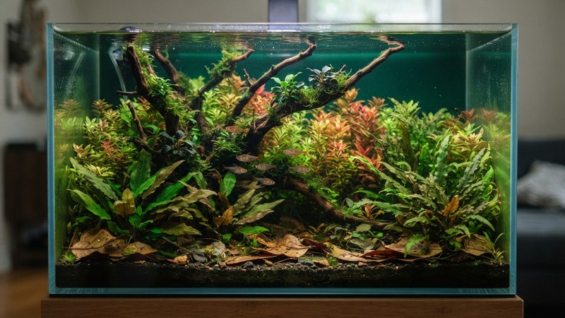un nano-acuario plantado exuberante con matas de tallo, plantas de hoja ancha, un tronco y hojarasca en el fondo, agua cristalina y verde intenso