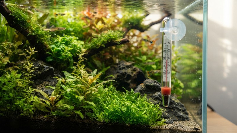 un termómetro de acuario sumergido junto a plantas verdes en un tanque plantado y sano, agua cristalina y luz natural cálida