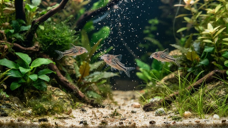 partículas finas de comida en polvo cayendo despacio por la columna de agua de un acuario mientras pequeñas corydoras pigmeas se acercan a capturarlas, agua cristalina