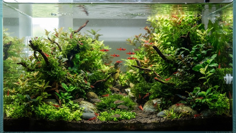un acuario nano comunitario pacífico con corydoras pigmeas, diminutos boraras rojizos y camarones sobre plantas verdes, todos pequeños y tranquilos, agua cristalina