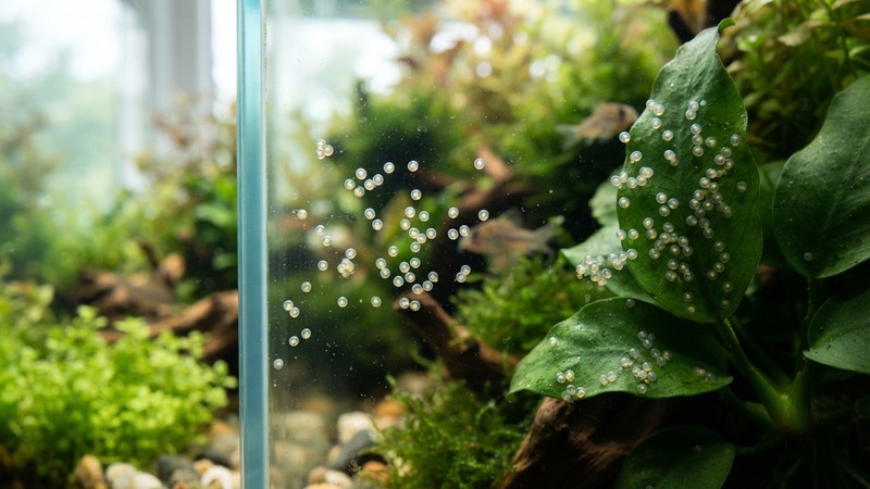 un cristal de acuario y hojas verdes con diminutos huevos translúcidos de corydora pegados a la superficie, plantas al fondo y agua muy clara